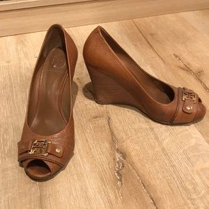 Tory Burch leather peep-tie wedges